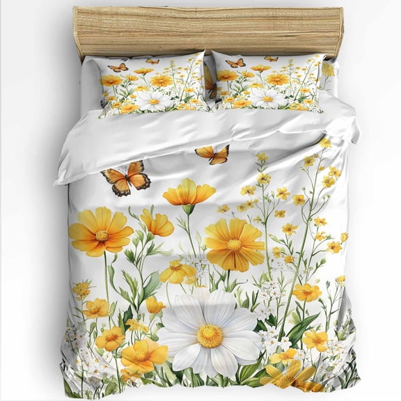 Yellow Daisy Flower Twin Size Comforter Set, Butterfly Spring Floral Leaf Watercolor Soft Bedding for All Seasons, 4 Pcs Bed Set with 1 Comforter (68"x86") ,1Sheet(66"x116"), 2 Pillowcases (19"x29")