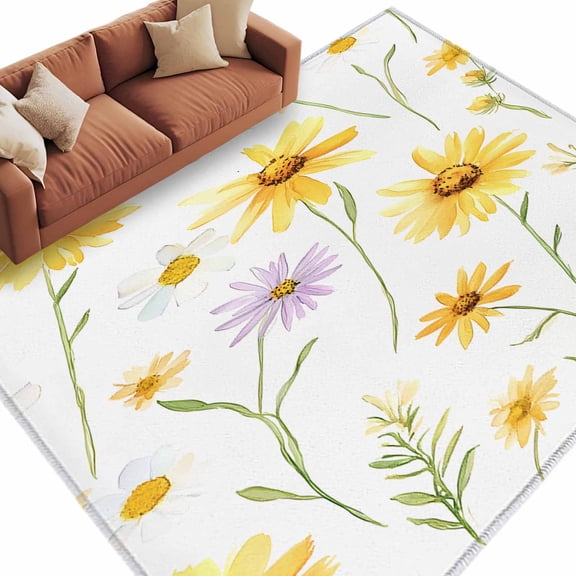 Yellow Daisy Flowers Leaf Area Rug 5x7ft Simple Style Watercolor Nature Non-Slip Washable Square Rugs Soft Felt Indoor Floor Mat for Bedroom Kitchen Living Room Bathroom