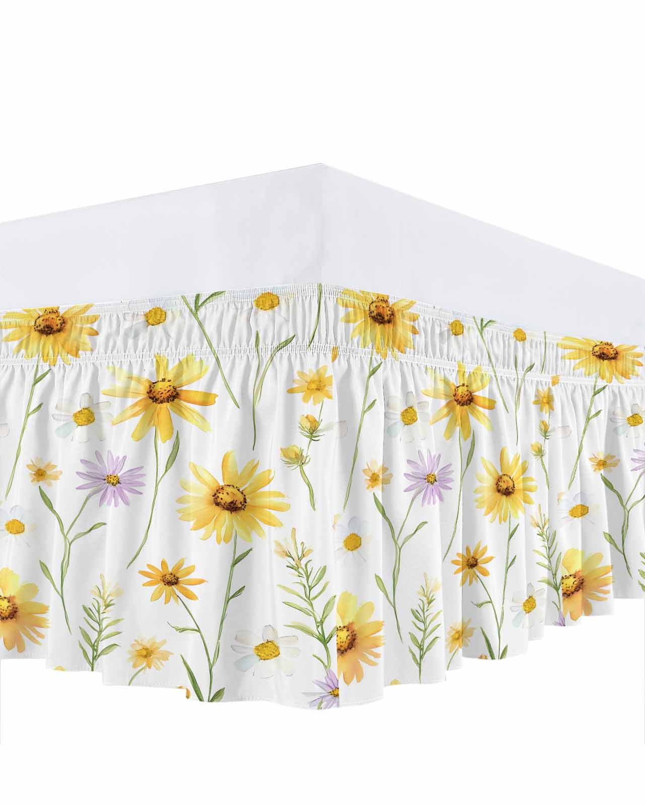 Yellow Daisy Flowers Leaf Bed Skirt King Size 18" Drop Simple Style Watercolor Nature Ruffled Wrap Around Bed Skirts Adjustable Elastic Bedskirt Dust Ruffle for King Size Bed