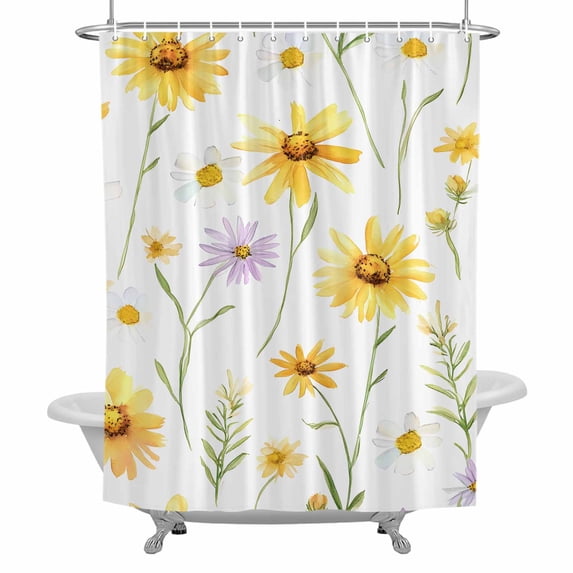 Yellow Daisy Flowers Leaf Shower Curtain for Bathroom, Simple Style Watercolor Nature Waterproof Cloth Fabric Bathroom Accessories Set with 12 Rust Proof Plastic Hooks, 72"x96"