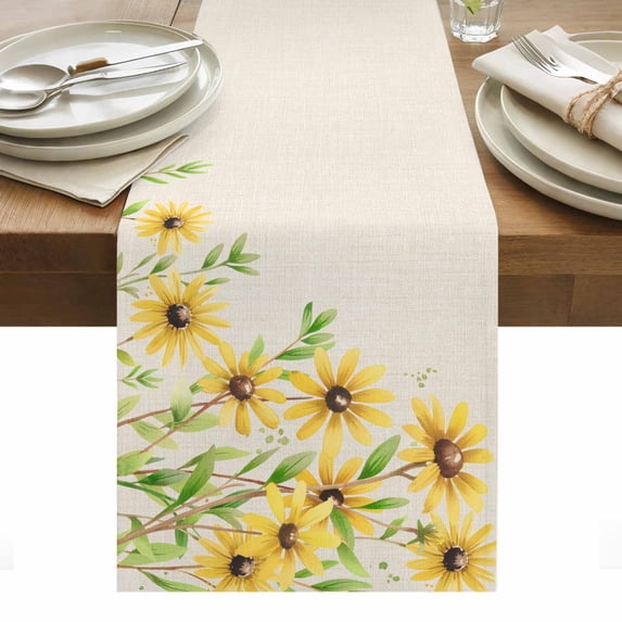 Yellow Daisy Flowers Table Runner - 36 Inch Long, Kitchen Dining Table Runner Dresser Scarves, Spring Summer Rustic Garden Floral Farmhouse Decor for Coffee Tables Wedding Party Banquet