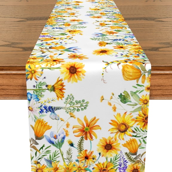Yellow Daisy Flowers Table Runner,Spring Floral Linen Table Cover Decoration for Kitchen Dining and Holiday Party,13x36 Inch
