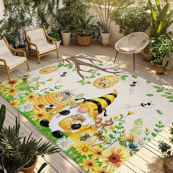 Yellow Daisy Gnomes Outdoor Rug for Patio/Deck/Porch, Non-Slip Large Area Rug 5 x 7 Ft, Pastoral Bees Floral Botanical Beige Indoor Outdoor Rugs Washable Area Rugs, Camping Rug Carpet Runner