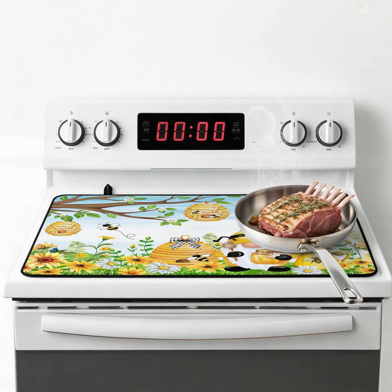 Yellow Daisy Gnomes Stove Top Cover for Electric Stove, Heat-proof & Non Slip Glass Top Stove Cover Protector, Pastoral Bees Floral Botanical Blue Kitchen Flat Cooktop Rubber Mat 24x21 Inches