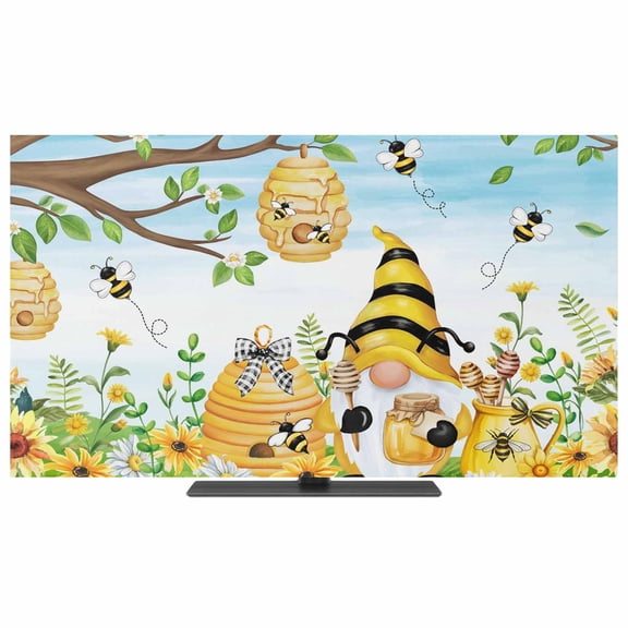 Yellow Daisy Gnomes TV Dust Cover,Stretchable TV Screen Desktop Computer Protector Cover,Pastoral Bees Floral Botanical Blue Television Dustproof Slipcover for 19–24 Inch Flat or Curved TVs