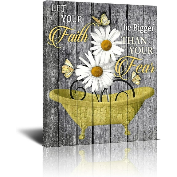 Yellow Daisy In Bathtub Wall Art Canvas Bathroom Wall Decor Inspirational Butterfly Quotes Grey And Black Wood Background Artwork Framed Modern Home Wall Decor for Bathroom Ready to Hang 12x16 Inch