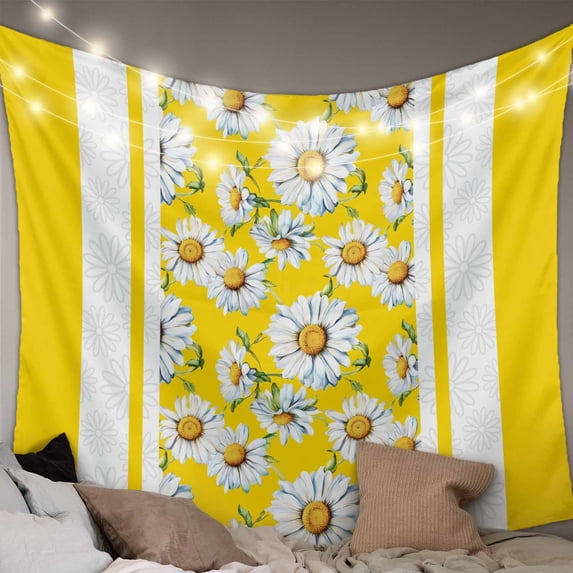 Yellow Daisy Large Tapestry for Bedroom Wall Hanging Tapestry, Farmhouse Floral Yellow Striped Ceiling Backdrop Tapestries Poster Blanket Wall Decor for Teens Room Living Room Dorm 100" x 59"