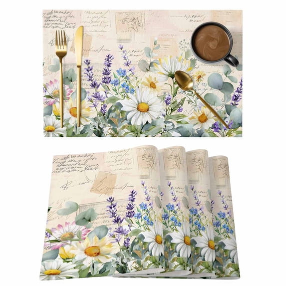Yellow Daisy Lavender Placemats Set of 12, Eucalyptus Leaves Spring Plant Retro Non-Slip Place Mats Washable Table Mats for Kitchen Dining Table Decorations Indoor/Outdoor