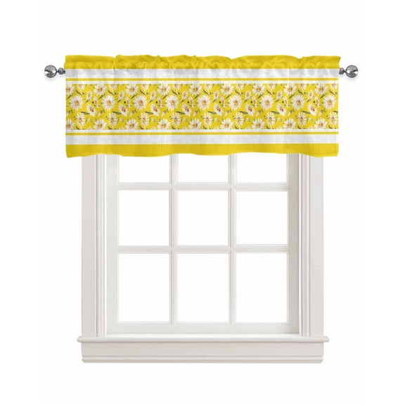Yellow Daisy Linen Curtain Valance for Bedroom/Bathroom/Kitchen/Office/Living/Dining Room Window,Vintage Botanical Flower Geometric Stripes Rod Pocket Topper Decorative Cafe Drapes Panel 54"x18"