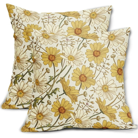 Yellow Daisy Pillow Covers 18x18 Inch Set of 2, Spring Summer Floral Vintage Flowers Beige Colored Decorative Throw Pillow Cases Farmhouse Cushion Covers Rustic Decoration Gift Sofa Couch Bed Decor