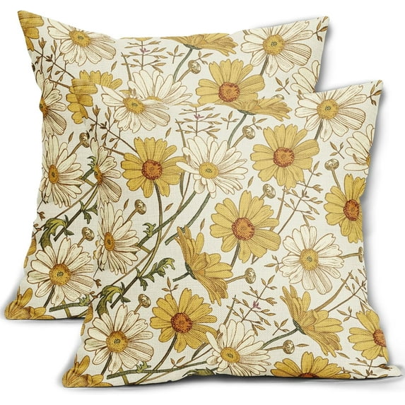 Yellow Daisy Pillow Covers 18x18 Inch Set of 2, Spring Summer Floral Vintage Flowers Beige Colored Decorative Throw Pillow Cases Farmhouse Cushion Covers Rustic Decoration Gift Sofa Couch Bed Decor