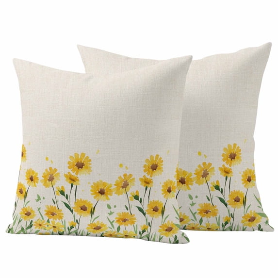 Yellow Daisy Pillow Covers 2 Pack Watercolor Spring Yellow Floral Plants Linen Texture Pillowcase Waterproof Outdoor Throw Pillow Cover for Patio Garden Square Cushion 18”x18”