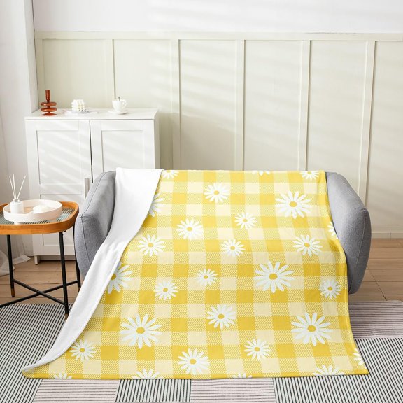Yellow Daisy Plaid Fleece Throw Blanket for Couch and Bed Soft Warm Flannel Blanket