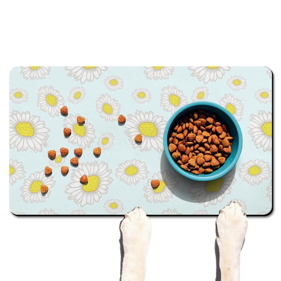 Yellow Daisy Print Pet Feeding Mat - Absorbent Non-Slip Dog Food Mat - Waterproof Floral Design - Boho Daisy Aesthetic - Easy Clean for Senior Dogs