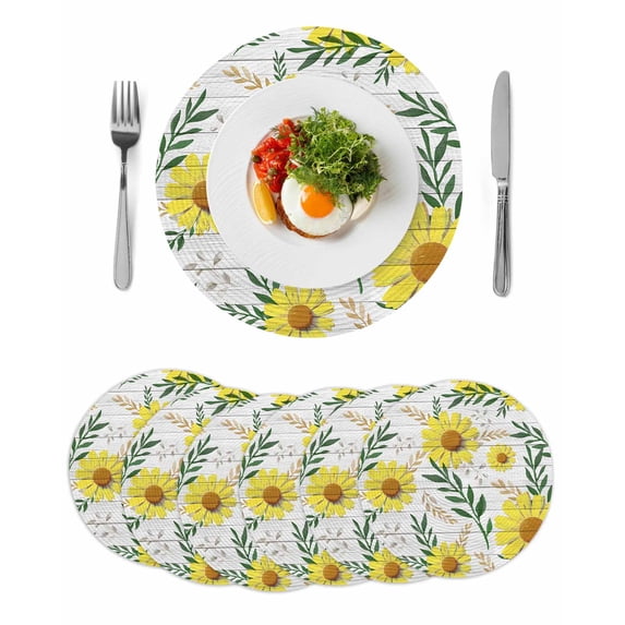 Yellow Daisy Round 13 Inch Placemats Set of 6, Farmhouse Country Flower Leaf Plant Wood Grain HeatResistant Non Slip Place Mats for Dining Table, Wipeable Braided Kitchen Table Mats for Housewarming