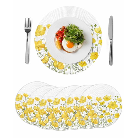 Yellow Daisy Round 13 Inch Placemats Set of 6, Spring Floral Summer Botanical Watercolor HeatResistant Non Slip Place Mats for Dining Table, Wipeable Braided Kitchen Table Mats for Housewarming