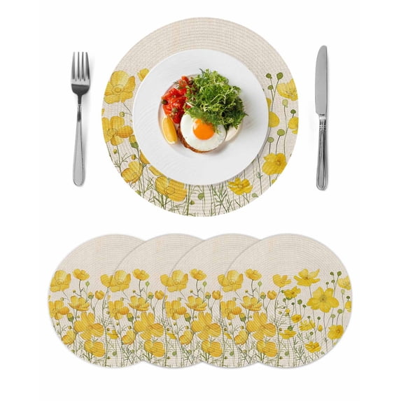 Yellow Daisy Round 15 Inch Placemats Set of 4, Rustic Spring Floral Summer Botanical HeatResistant Non Slip Place Mats for Dining Table, Wipeable Braided Kitchen Table Mats for Housewarming
