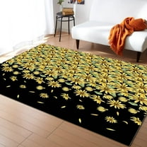 Yellow Daisy Seamless Black Area Rug, Pastoral Floral Green Leaf Accent Indoor Rugs, Soft Non-Slip Machine Washable Carpet For Bedroom Living Room Home Decor Rugs
