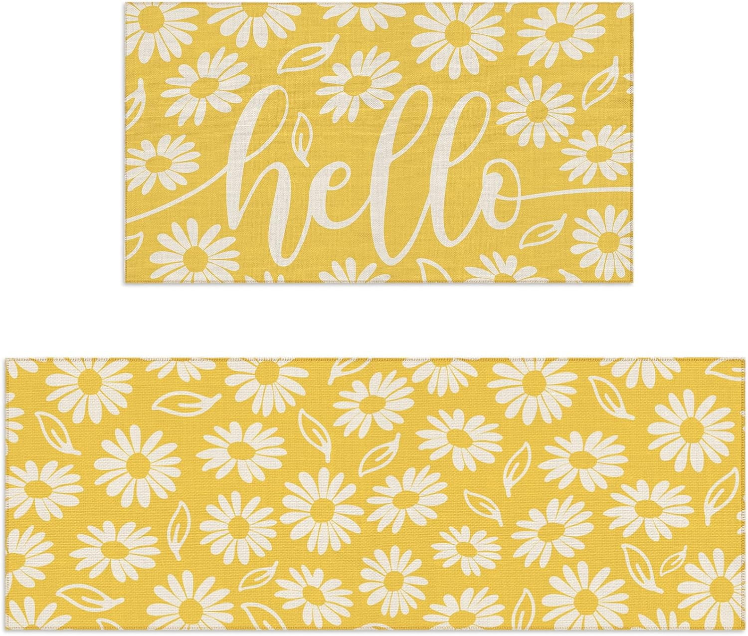 Yellow Daisy Spring Kitchen Rugs Set of 2 Flower Door Mat White Floral Non Slip Floor Rugs for