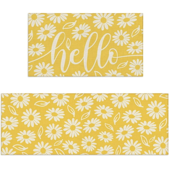 Yellow Daisy Spring Kitchen Rugs Set of 2 Flower Door Mat White Floral Non Slip Floor Rugs for Home Kitchen Room Decor Supplies