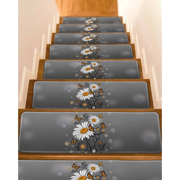 Yellow Daisy Stair Treads Bubble Butterfly Grey Grey Background Indoor Non Slip Peel and Stick Stair Treads for Wooden Steps 7 PCS, Soft Adhesive Staircase Mats Runner Rugs 8"x30"