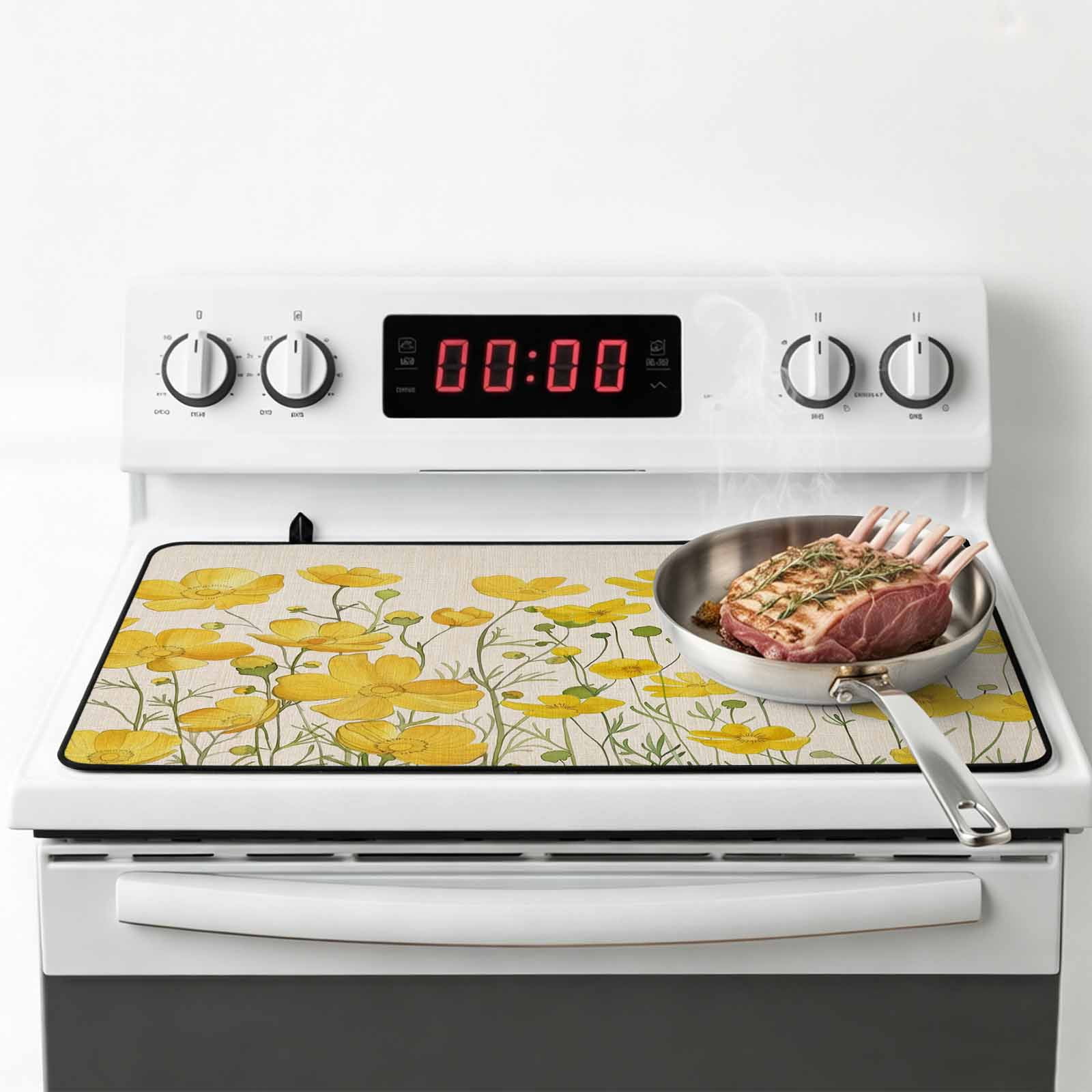 Yellow Daisy Stove Top Cover for Electric Stove, Heat-proof & Non Slip Glass Top Stove Cover Protector, Rustic Spring Floral Summer Botanical Kitchen Flat Cooktop Rubber Mat 36x21 Inches