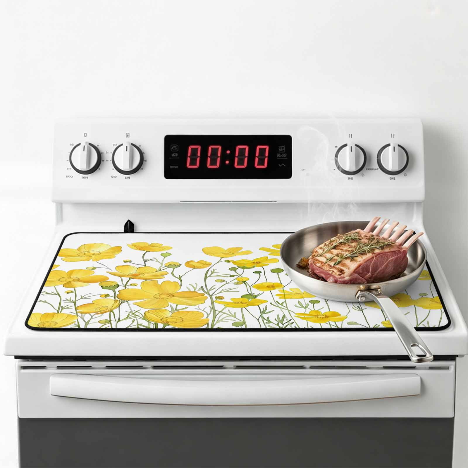 Yellow Daisy Stove Top Cover for Electric Stove, Heat-proof & Non Slip Glass Top Stove Cover Protector, Spring Floral Summer Botanical Watercolor Kitchen Flat Cooktop Rubber Mat 28.5x20.5 Inches