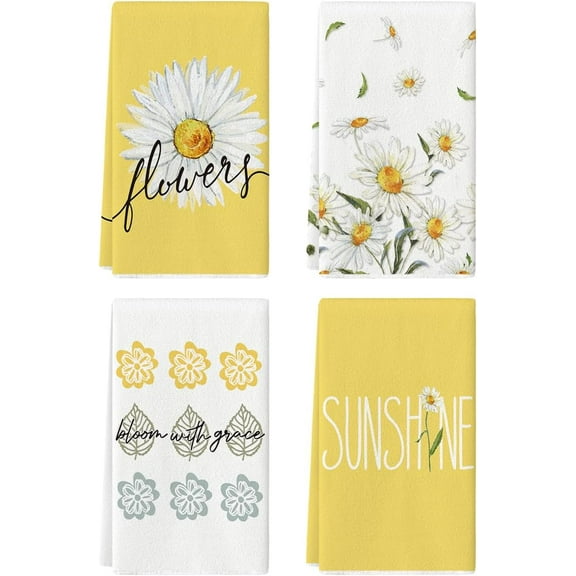Yellow Daisy Stripes Sunshine Blessed Bloom Summer Kitchen Towels Dish Towels, 18x26 Inch Seasonal Decoration Hand Towels Set of 4