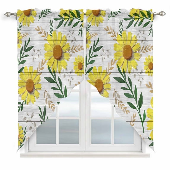 Yellow Daisy Swag Valances for Windows, Kitchen Window Curtains Over Sink, Farmhouse Country Flower Leaf Plant Wood Grain Window Treatment Curtains for Living Room/Bedroom 2 Panel Sets 36"x45"