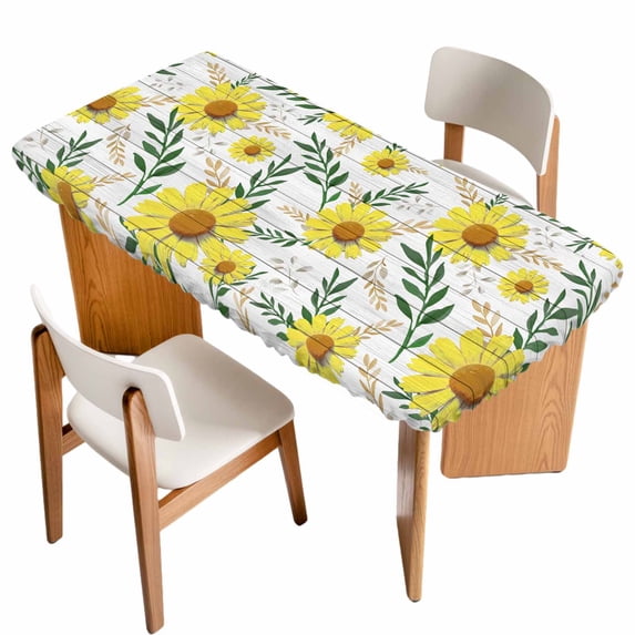 Yellow Daisy Table Cloths for 3 Foot Rectangle Tables, Farmhouse Country Flower Leaf Plant Wood Grain Patio Waterproof Elastic Fitted Tablecloths, Washable Rectangular Table Cover for Camping