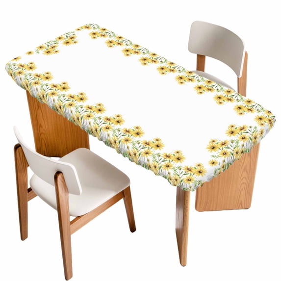 Yellow Daisy Table Cloths for 5 Foot Rectangle Tables, Spring Summer Pastoral Garden Floral Blossom Patio Waterproof Elastic Fitted Tablecloths, Washable Rectangular Table Cover for Camping