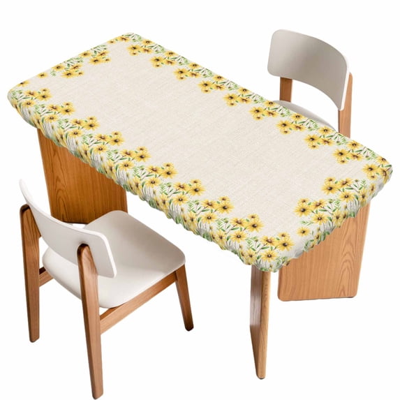 Yellow Daisy Table Cloths for 6 Foot Rectangle Tables, Spring Summer Rustic Garden Floral Blossom Patio Waterproof Elastic Fitted Tablecloths, Washable Rectangular Table Cover for Camping