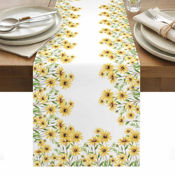 Yellow Daisy Table Runner - 60 Inch Long, Kitchen Dining Table Runner Dresser Scarves, Spring Summer Pastoral Garden Floral Blossom Farmhouse Decor for Coffee Tables Wedding Party Banquet