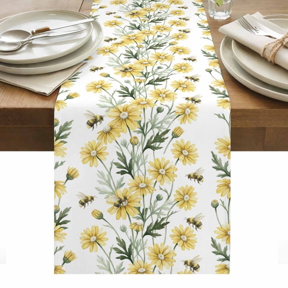 Yellow Daisy Table Runner Watercolor Country SpringYellow Floral Bees Table Runners Dresser Scarves Holiday Kitchen Dining Table Decoration for Home Party Indoor 13x108 Inch