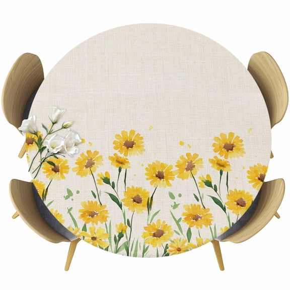 Yellow Daisy Watercolor Flower Fitted Round Tablecloths Table Covers 36"-44",Waterproof Table Cloth for Kitchen Holiday Party Tables Decor