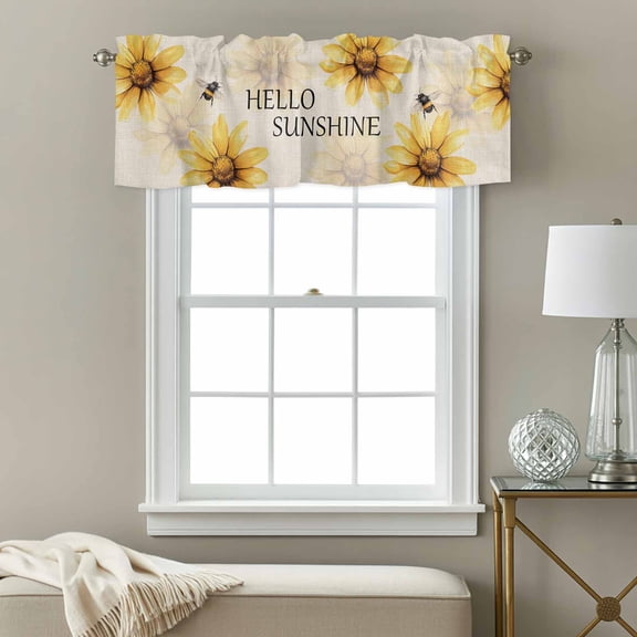 Yellow Daisy Window Valance for Kitchen, Hello Sunshine Bee Pastoral Linen Texture Rod Pocket Short Curtain for Small Windows, Light Filtering Decorative Valance, 42 x 12 Inch, 1 Panel