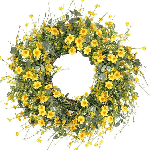 Yellow Daisy Wreath 16 Inch Spring Summer Wreath Fake Silk Floral Wreath with Green Eucalyptus Leaves and Lavender for Front Door Window Wall Wedding Farmhouse Festival Decor