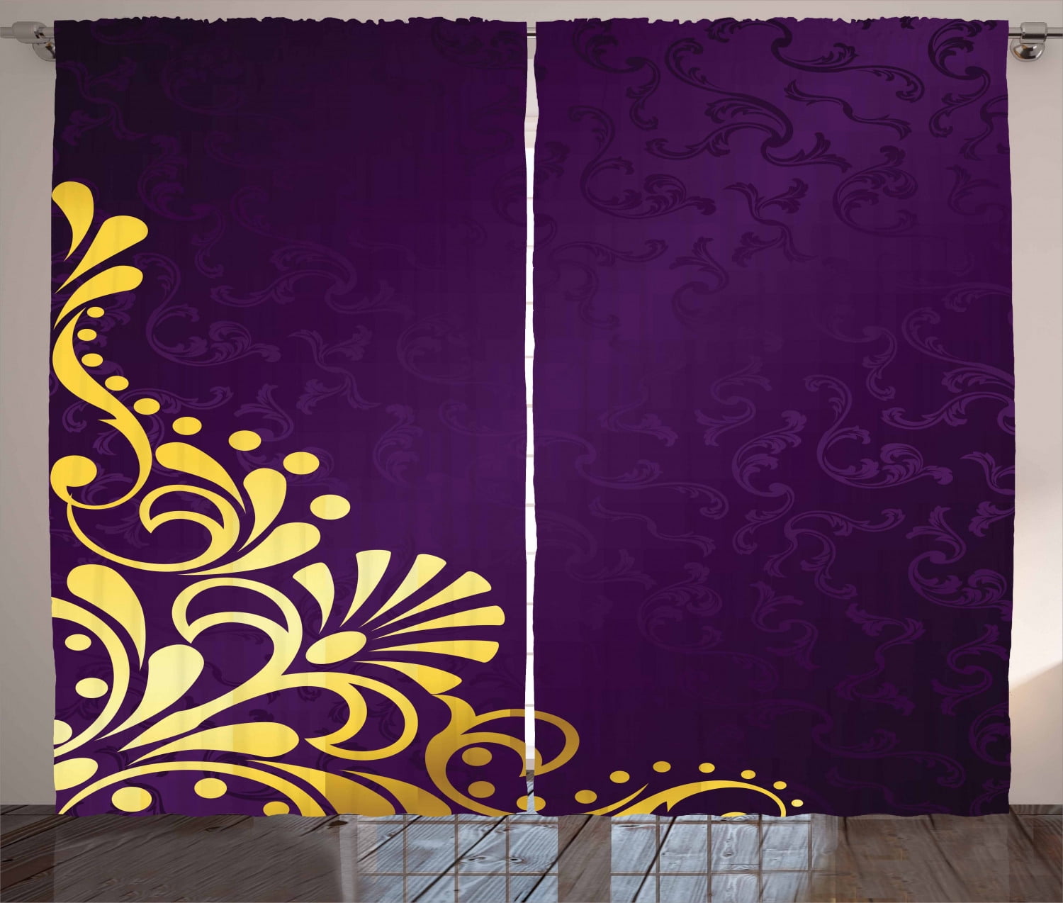 Yellow Damask Curtains 2 Panels Set, Curvy Yellow Stems Ornament on