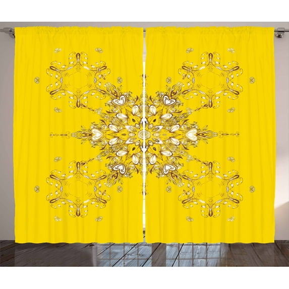 Yellow Damask Curtains 2 Panels Set, Oriental Arabesque Floral Elements Vibrant Color Spring Theme, Window Drapes for Living Room Bedroom, 108W X 63L Inches, Yellow Brown and White, by Ambesonne