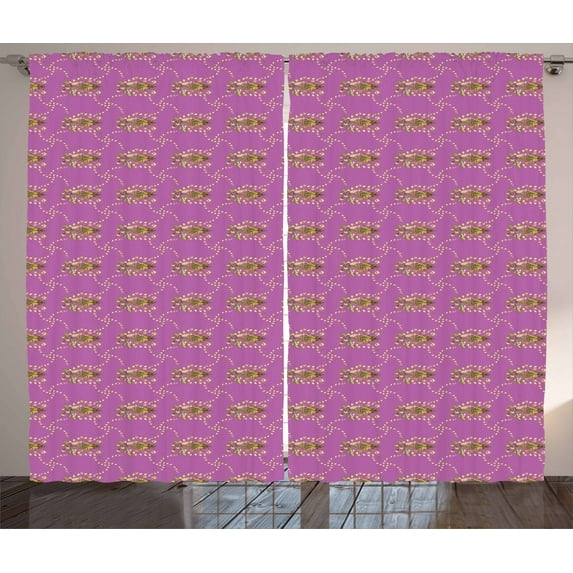 Yellow Damask Curtains 2 Panels Set, Renaissance Style Flowers and Interlaced Stems Illustration, Window Drapes for Living Room Bedroom, 108W X 96L Inches, Fucshia Yellow and Brown, by Ambesonne