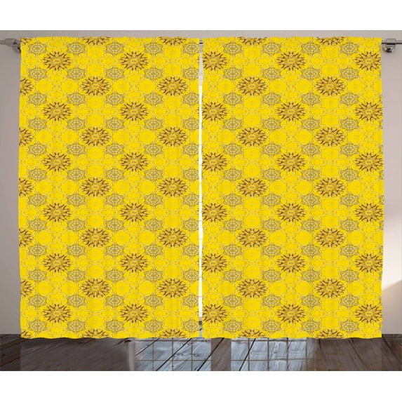 Ambesonne Yellow Damask Curtains 2 Panel Set, Swirly Flowers, 108" x 63", Yellow Brown and White