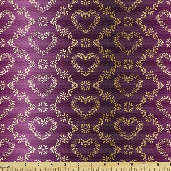 Ambesonne Yellow Damask Fabric by the Yard Upholstery, Zigzag and Hearts, 5 Yards, Pale Yellow Purple