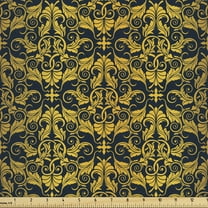 Yellow Damask Fabric by the Yard, Elaborated Pattern Illustration with Interlaced Wavy Floral Leaves, Upholstery Fabric for Dining Chairs Home Decor Accents, 2 Yards, Yellow and Dark Blue by Ambesonne