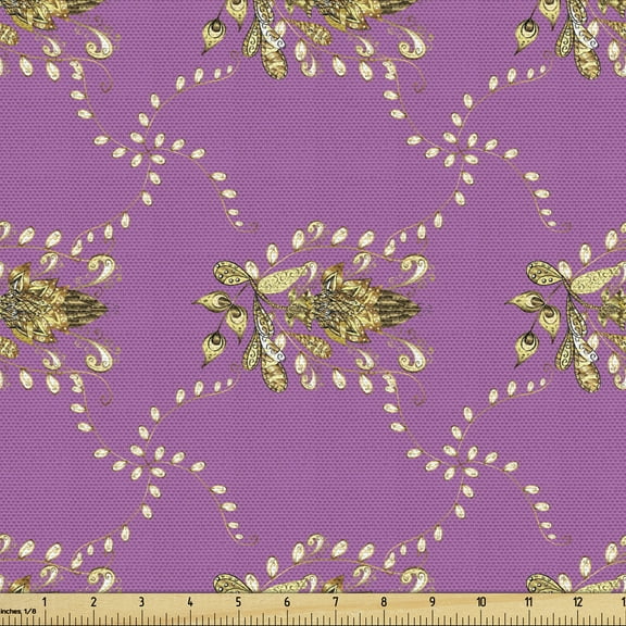 Yellow Damask Fabric by the Yard, Renaissance Style Flowers and Interlaced Stems Illustration, Decorative Upholstery Fabric for Chairs & Home Accents, 5 Yards, Fuchsia Yellow and Brown by Ambesonne