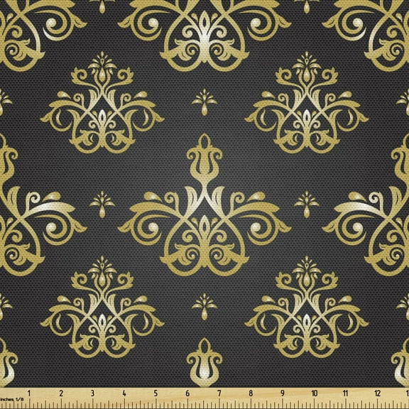 Ambesonne Yellow Damask Fabric by the Yard Upholstery, Royal Venetian, 10 Yards, Charcoal Grey and Yellow