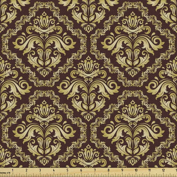 Ambesonne Yellow Damask Fabric by the Yard Upholstery, Classic Baroque Style, 2 Yards, Earth Yellow Pale Yellow