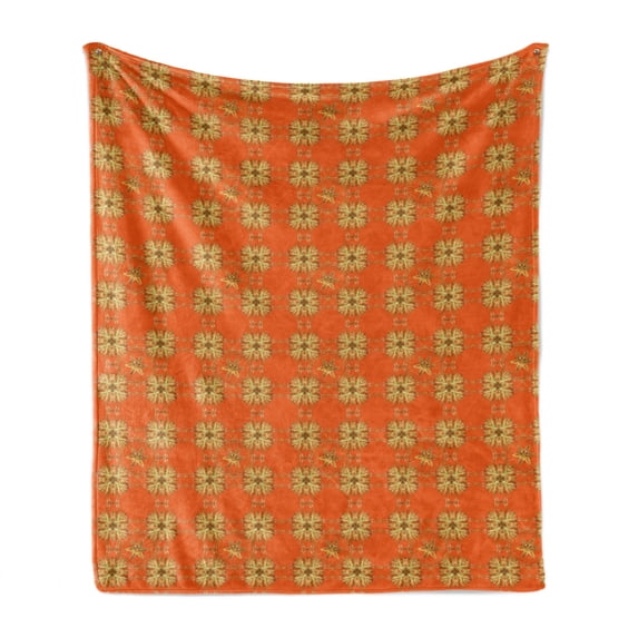 Yellow Damask Soft Flannel Fleece Throw Blanket, Eastern Style Abstract Interlaced Motif as Repeating Pattern, Cozy Plush for Indoor and Outdoor Use, 70" x 90", Orange Sepia and Yellow, by Ambesonne