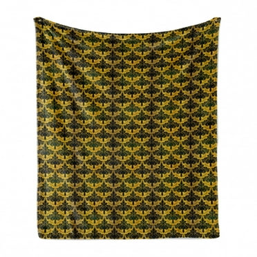 Yellow Damask Soft Flannel Fleece Throw Blanket, Renaissance Pattern Inspired Wave Shaped Leaves, Cozy Plush for Indoor and Outdoor Use, 60" x 80", Dark Green Yellow, by Ambesonne