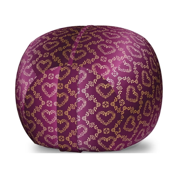 Yellow Damask Storage Toy Bag Chair, Eastern Inspired Floral Motif with Zigzag and Heart Shapes, Stuffed Animal Organizer Washable Bag, Large Size, Pale Yellow Purple, by Ambesonne