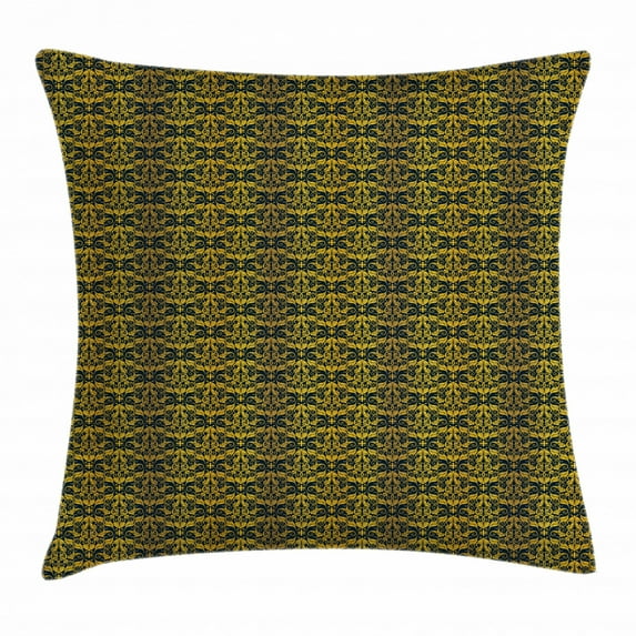 Yellow Damask Throw Pillow Cushion Cover, Elaborated Pattern Illustration with Interlaced Wavy Floral Leaves, Decorative Square Accent Pillow Case, 18 X 18 Inches, Yellow and Dark Blue, by Ambesonne